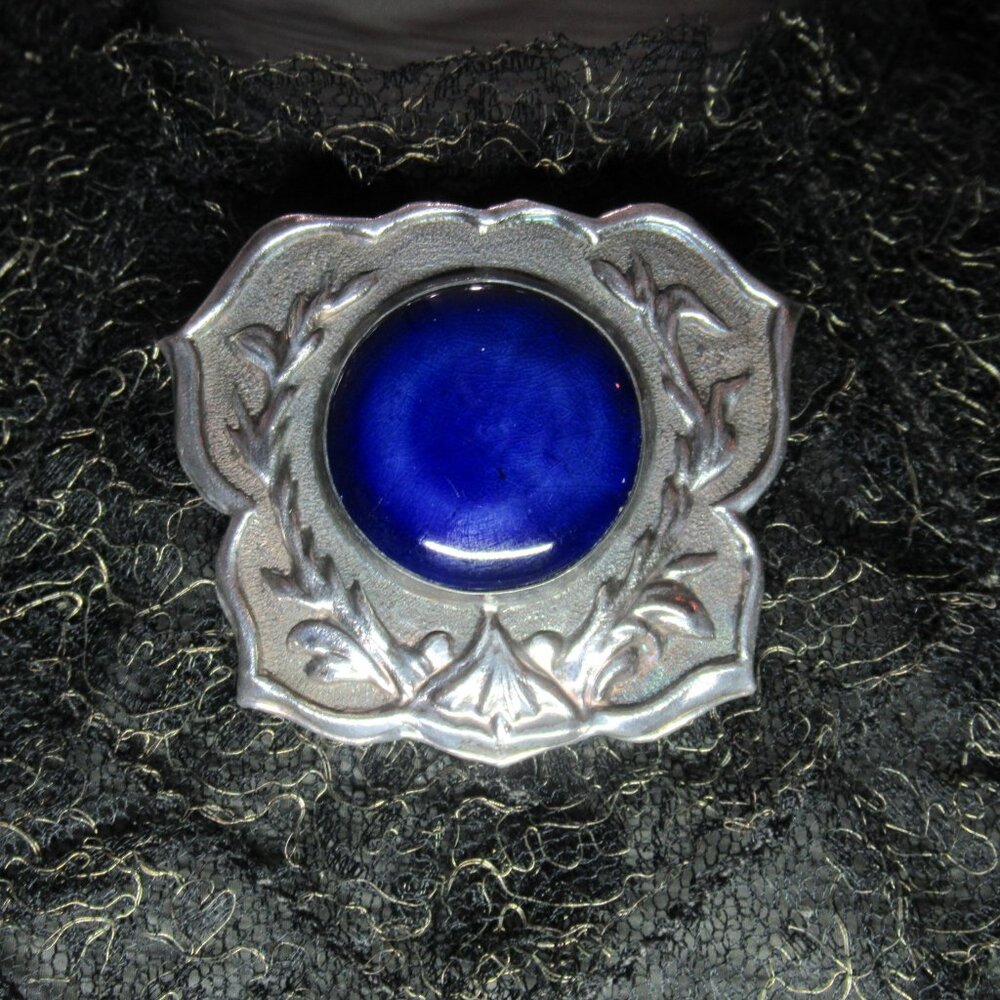 Hallmarked Sterling Silver Cabochon Glass Brooch, Deep Cobalt Blue Vintage Pin